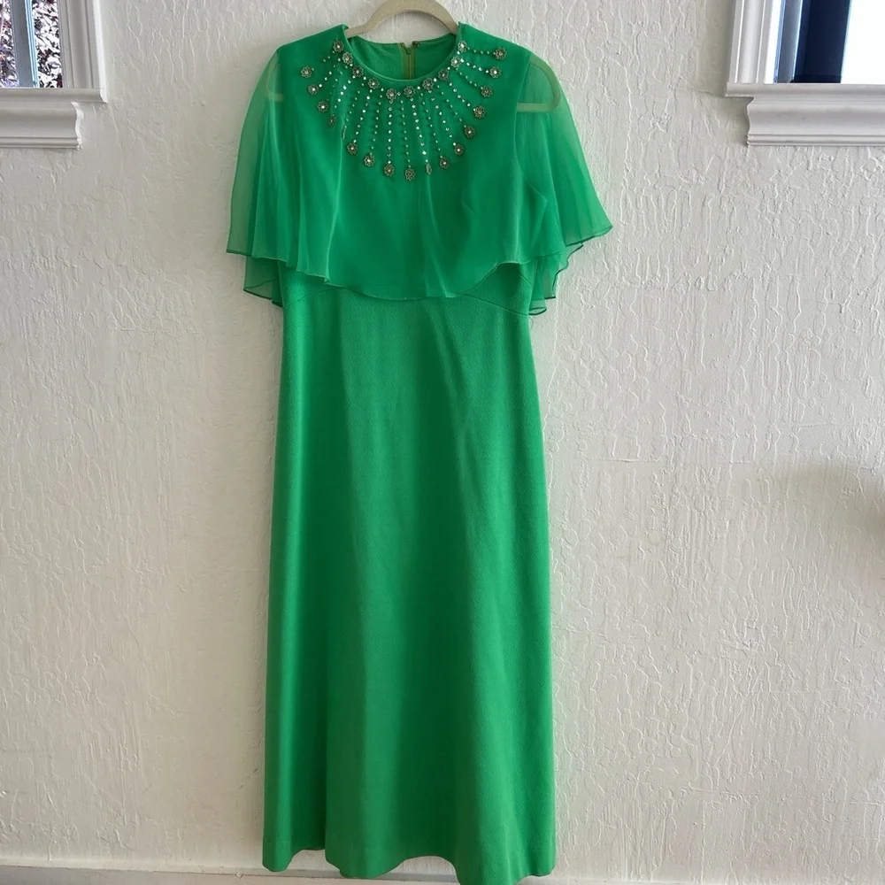 Vintage Green Cape Dress with Embellished Neckline - Picture 1 of 7